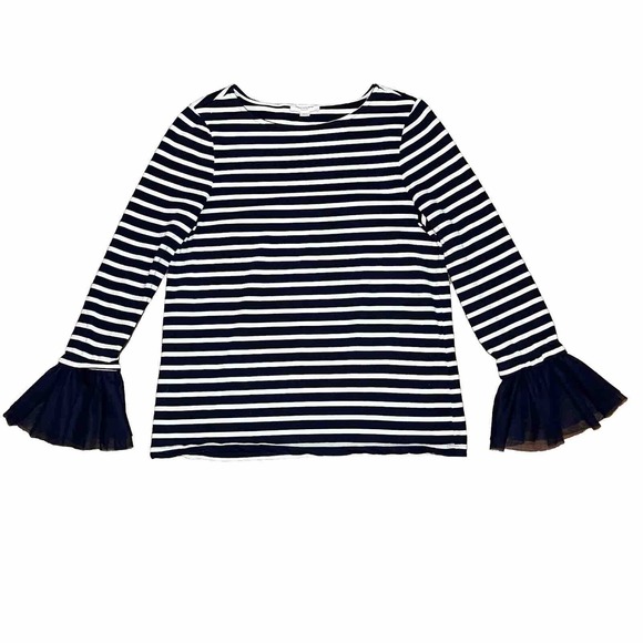 Beach Lunch Lounge Striped Top Ruffle Tulle Cuff Preppy Navy White Size Medium - Picture 2 of 11